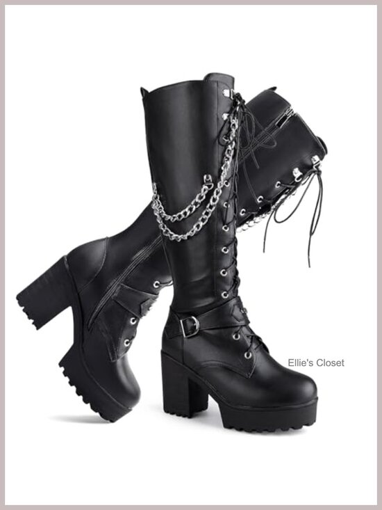Shoes - Knee High Lace Up Platform Combat Boots Faux Leather Chunky Block Heel